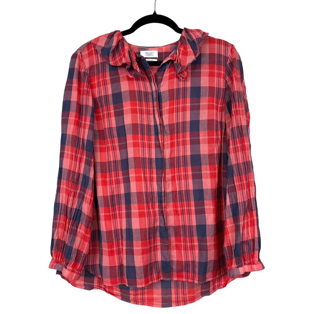 Toast Womens 14 Red Blue Plaid Lightweight Button Up Shirt Boho Relaxed